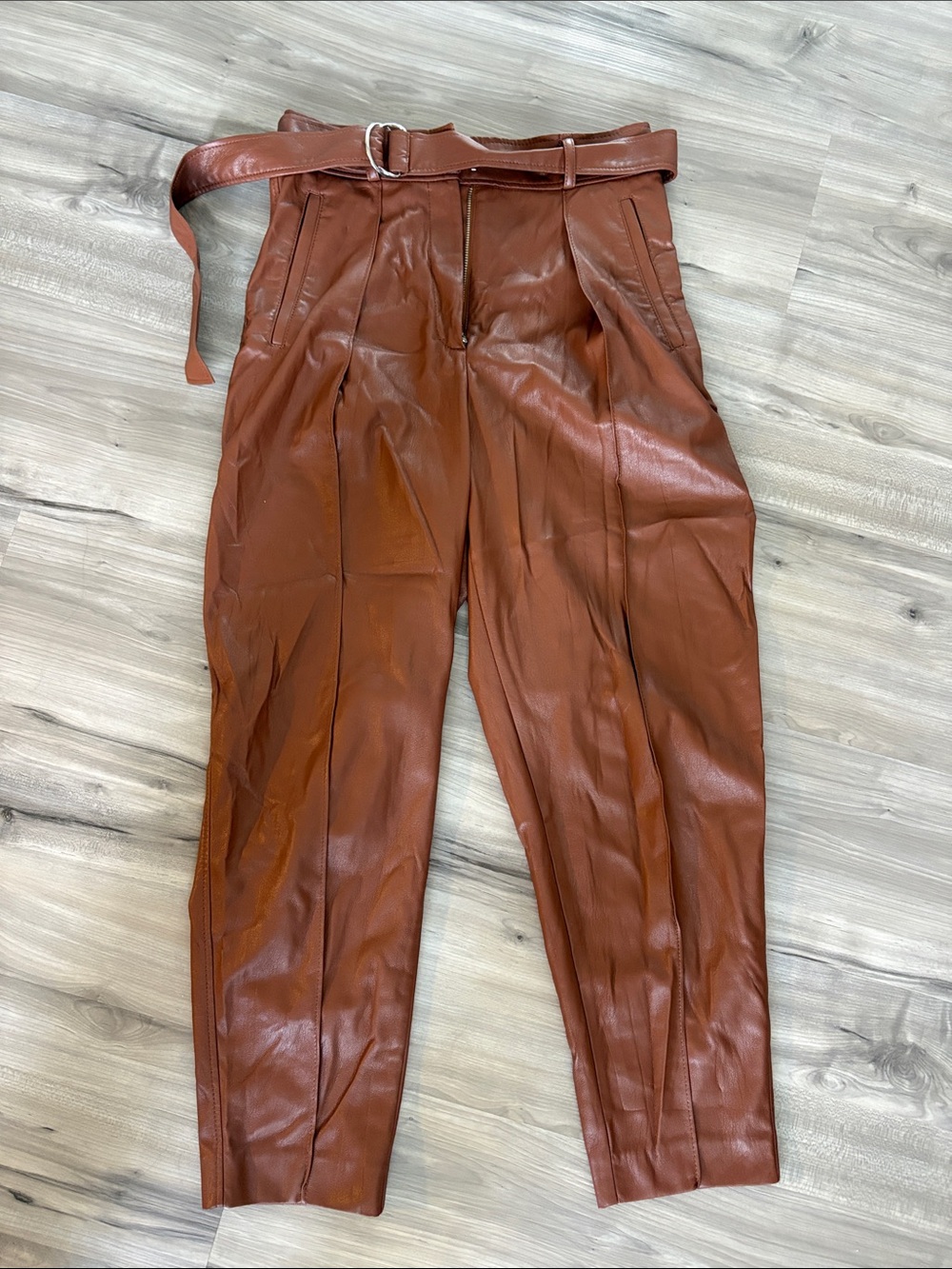 Babaton high waisted Faux Leather Pleated Pants in Chestnut Brown